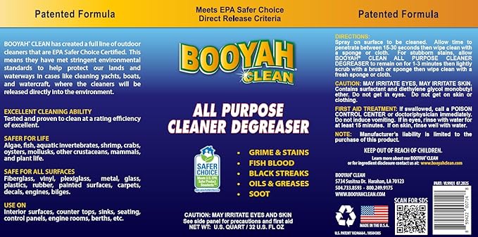 Booyah Clean All Purpose Cleaner Degreaser – Removes Grime, Stains, Fish Blood, Oil, Grease, Black Streaks, and Soot – Meets EPA Safer Choice Direct Release Criteria