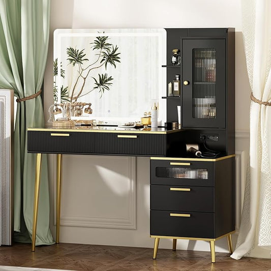 47.24" Big Modern Vanity Desk with Mirror and Lights,Makeup Vanity Desk with 5 Drawers and Storage Shelves & Power Outlet,Dressing Table with Glass Top, Black