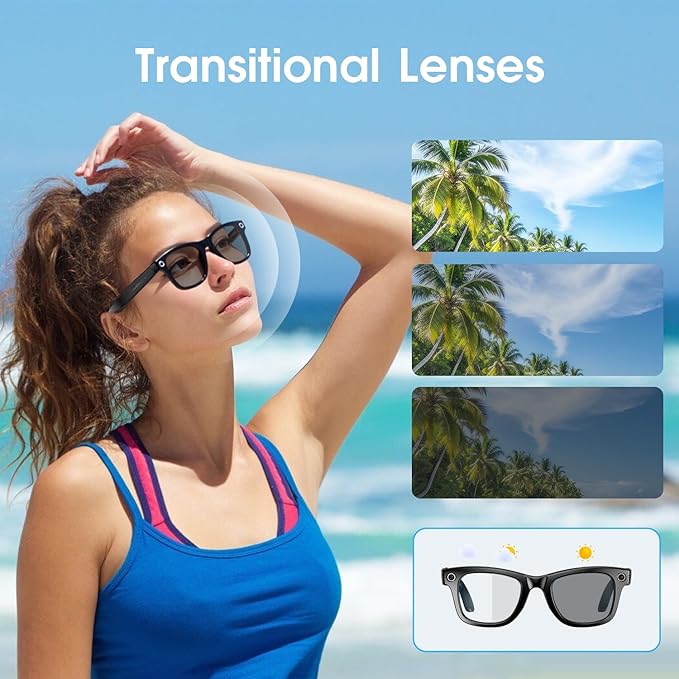 AI Smart Glasses with Camera, 8MP HD Video/Recording Glasses, Color-change Lenses, Bluetooth Camera Glasses for Men Women (139 Languages) IP65 Waterproof, Voice Control for Travel Vlog Business- Black