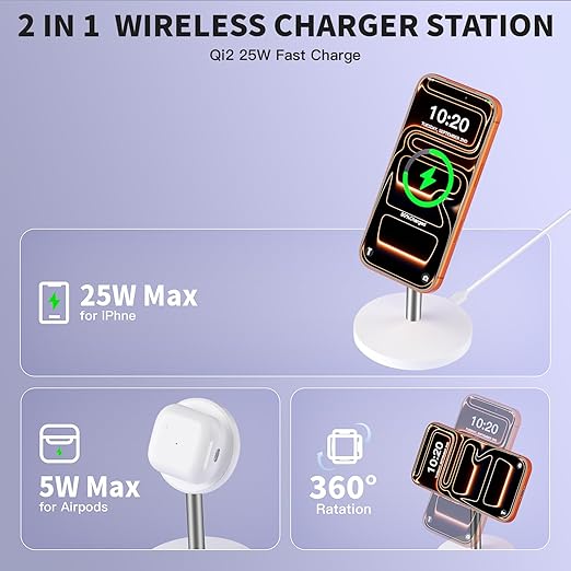 Magnetic Wireless Charging iPhone Stand,Qi2.2 Certified 25W Fast Mag-Safe Charging Stand Station Apple Magnet Wireless Charger with Plug for iPhone 17/17 Pro/Air/16/15/14/13/12 Series,AirPods Pro 3/4