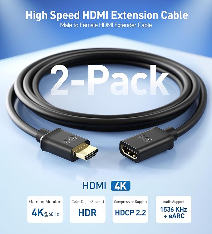 Cable Matters 2-Pack High Speed HDMI Extension Cable 1.5 ft (Male to Female HDMI Extender Cable) with Ethernet - 3D and 4K Resolution Ready
