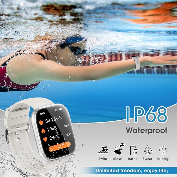 aycy Smart Watch for Men Women Bluetooth Call, 1.85" HD Touch Screen Fitness Watch with Sleep Heart Rate Monitor, 112+ Sports Modes, IP68 Waterproof Activity Trackers for Android iOS, Beige