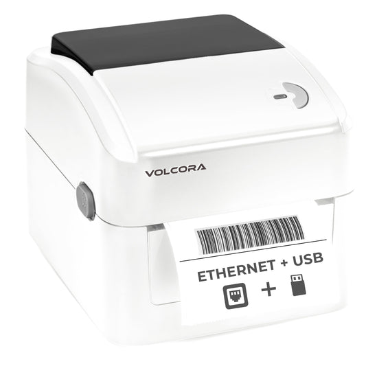 Volcora Thermal Label Printer with Ethernet/USB - Desktop 4x6 Shipping Label Printer, Compatible with Windows, Linux, Mac - Ideal for Small Business, Inkless Printer for Shipping Packages (White)