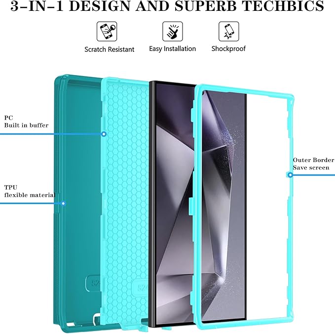 ONOLA Compatible with Samsung Galaxy S24 Ultra Case with HD Screen Protector, Heavy Duty Shockproof & Dropproof 3-Layer Cover Phone Case,LakeSkyBlue