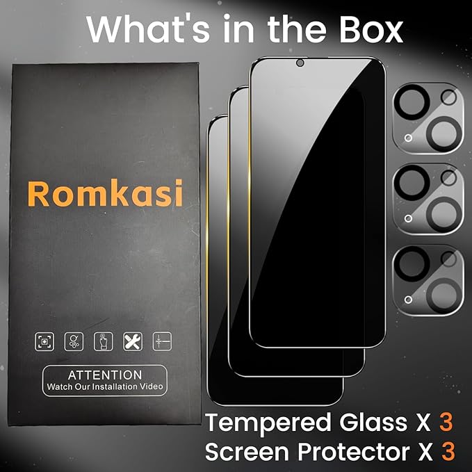 3 Pack Privacy Screen Protector for iPhone 12 Pro Max 6.7 Inch with 3 Pack Camera Lens Protector, Anti Spy Tempered Glass Film, Anti-Scratch, Touch Sensitive, Case Friendly