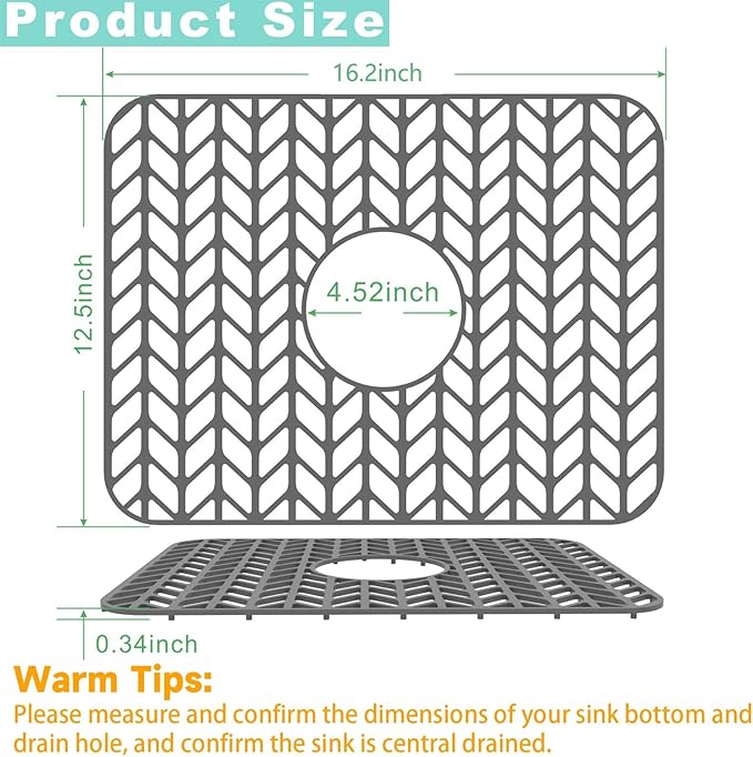 AWOKE Sink Protectors for Kitchen Sink | 16.2"x 12.5" Kitchen Sink Mats for Bottom of Kitchen Sink | Sink Inserts for Kitchen Sink of Stainless Steel Sink | Center Drain (Grey)