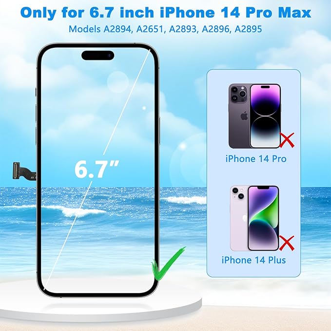 for iPhone 14 Pro Max Screen Replacement Black 6.7 Inch, LCD Touch Digitizer Complete Display for A2894, A2651, A2893, A2896, A2895,with Waterproof Seal+Tempered Glass+Repair Tools