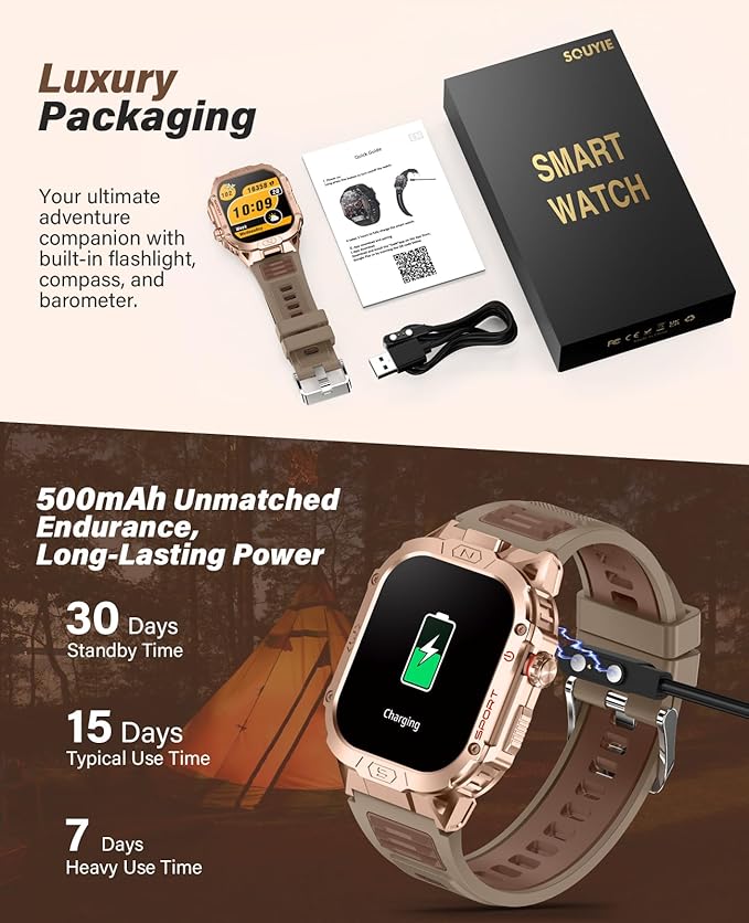 SOUYIE Military Grade Smart Watches for Men LED flashlight, Blood Pressure/Heart Rate/SpO2/Sleep, 500mAh Large capacity battery, Waterproof Rugged Fitness Tracker Compatible with Android and iOS Phone
