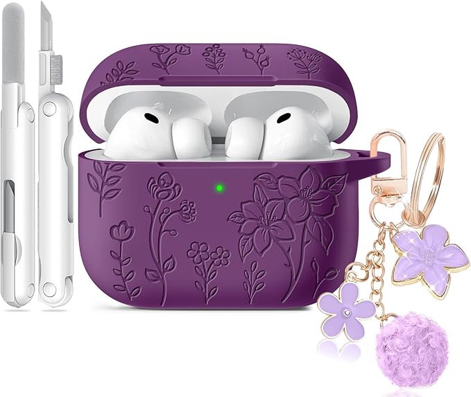 for Airpods Pro 3 Case, Flower Engraved Case Cover Compatible with AirPods Pro 3rd Generation 2025, Soft Silicone Cases with Cute Keychain & Cleaner for Women Girly, Shockproof