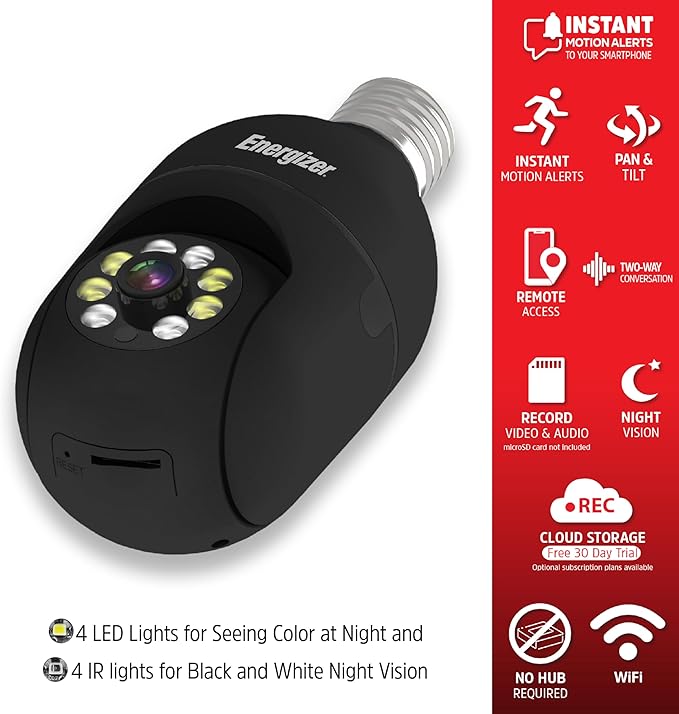 Energizer Connect Smart 1080p HD Outdoor Security Socket Camera with Siren Alarm, Remote Access, Motion Alerts, 2 Way Audio and Night Vision, 2.4GHz Wi-Fi, Black
