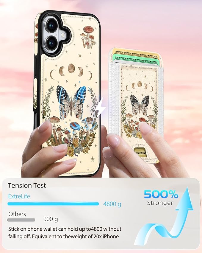 Shorogyt for iPhone 16 Plus Wallet Case - Fits 5 Cards, Compatible with Magsafe Detachable Magnetic Credit Card Holder Leather Cardholder Cute Phone Cover Women Girls for Apple 16Plus, Moon Butterfly
