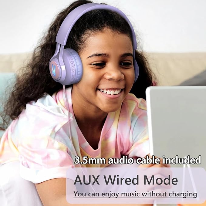 Kids Bluetooth Headphones,85db Volume Limit,Hearing Protection,Wireless Headphones with Mic,Music,Chat,Kids Mode,Normal Mode,Wireless and Wired,LED Light,for Children Adults,Purple