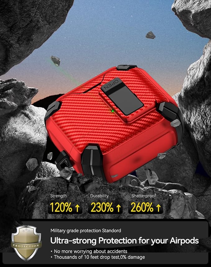 Compatible with AirPods 4 Case,Magnetic Automatic Lock with Phone Stand & Cleaning Kit,Compatible with Magsafe,Carbon Fiber Texture Cover -Red