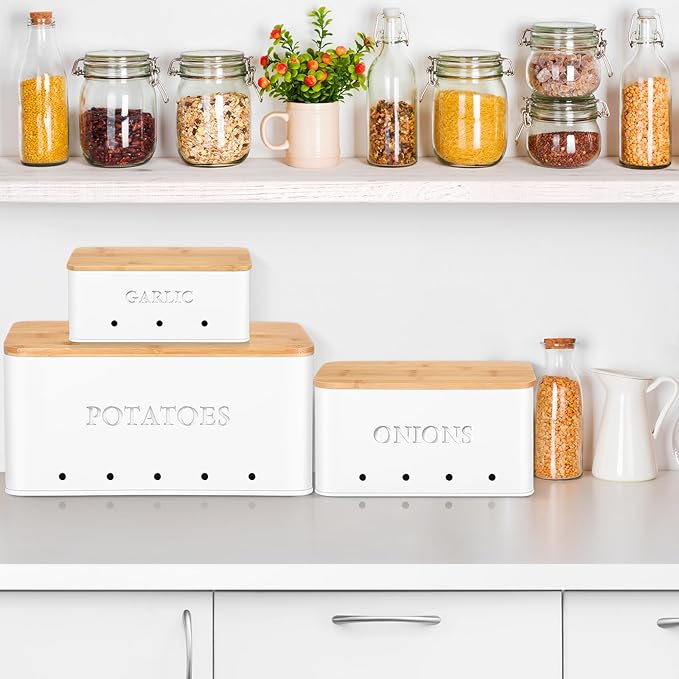 Honeydak 3 PCS Potato Onion Garlic Storage Bins Set, Metal Vegetable Keeper Containers with Lids Aerating Holes for Kitchen Counter Pantry Keep Fresh Longer Farmhouse for Sweet-potato Fruit(White)
