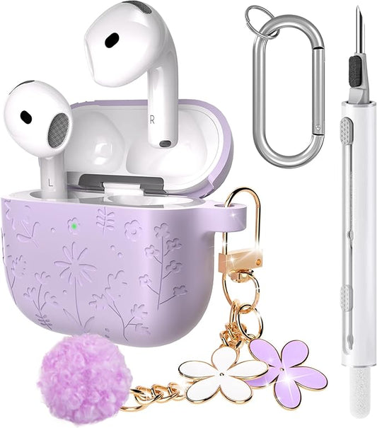 Seltureone Compatible with AirPods 4 Case Cute with Cherry Blossom Keychain and Cleaning Kit, Soft Silicone Shockproof Flower Engraved Cover Compatible with AirPod 4 Case Cover - Light Purple