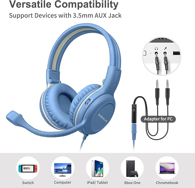SIMOLIO Kids Headphones Wired with Flexible Rotatable Microphone for Virtual School & Gaming, Safe Volume Cord Headphone for Boys, Teens, Children, Durable Lightweight Folding Headset for PC, Xbox