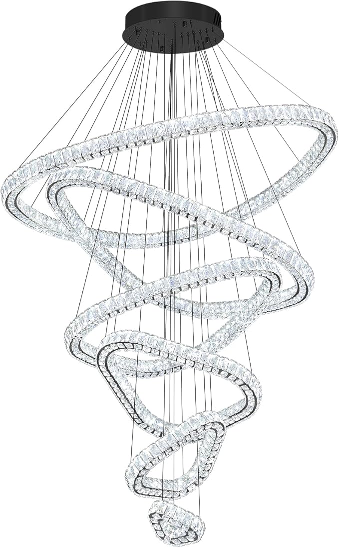 Flashing God Modern 6 Ring Crystal Chandeliers for High Ceiling Large Foyer Chandeliers LED Dimmable Crystal Ceiling Light Fixtures for Entryway Living Room Staircase Black
