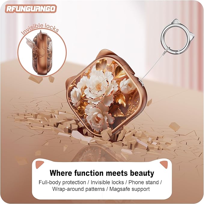 RFUNGUANGO AirPods 4 Case for Women Girly Cat Case with Lock, Phone Stand, Keychain & Cleaner Kit, Compatible with Apple Airpods 4th Generation Case Cover, Rose Gold Peony