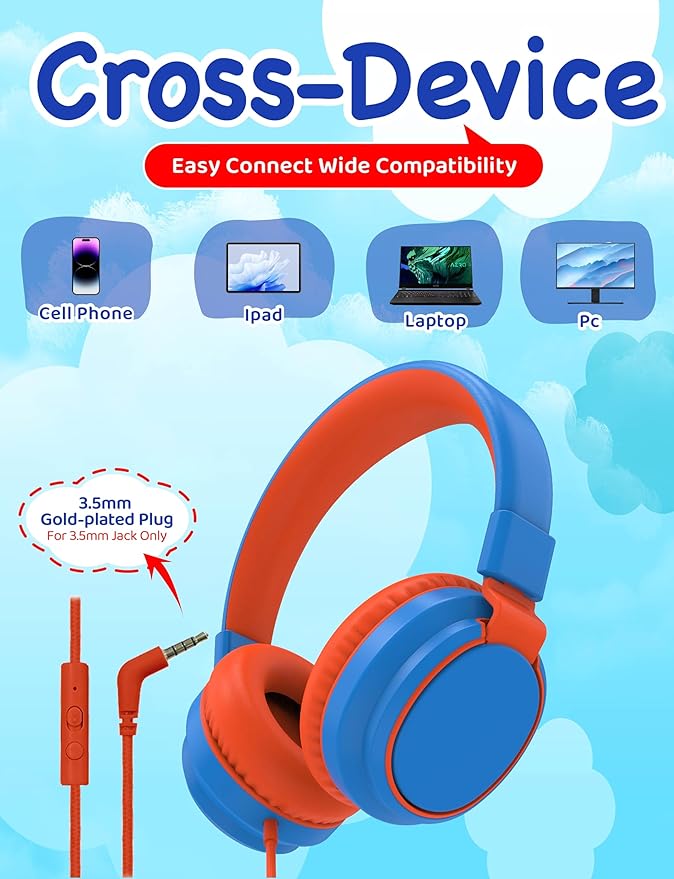 MIDOLA Kids Headphone Wired Volume Limited 85/94dB Over-Ear/On-Ear Foldable Headset with Microphone Hearing Protection Headphones for Toddler Boy Girl Child School Learning Pad Tablet Blue