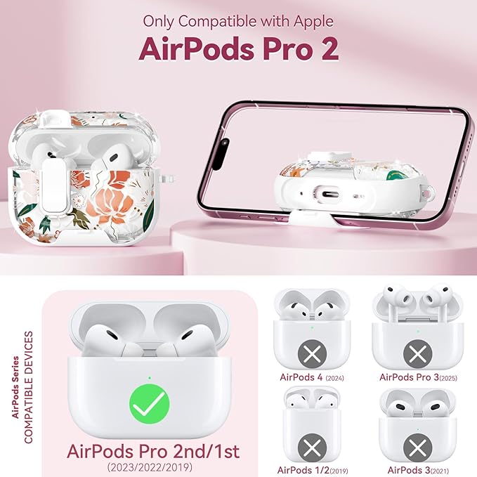 with Safety Lock for AirPods Pro 2nd 1st Generation Case Cover,Clear Floral Cute AirPods Pro 2 Case with Phone Stand & Cleaning Kit for AirPod Pro Case for Women Girly-Orange Flower