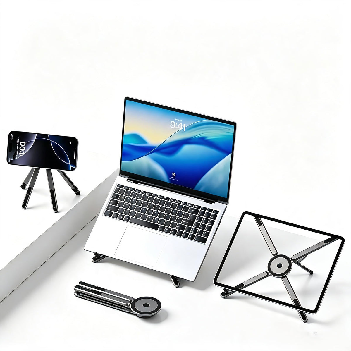 Foldable Laptop Stand, Portable Travel Workstation, Aerospace-Grade Aluminum, Multi-Purpose for Laptop, Tablet and Phone Holder, Stepless Angle Adjustment