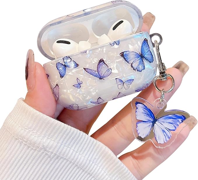 Cute Airpod Pro 2 Case (2022/2023) with Keychain White Marble Hard TPU Protective Cover Compatible with AirPods Pro 2nd Generation Case for Girls Women (Bluish-Purple Butterfly)