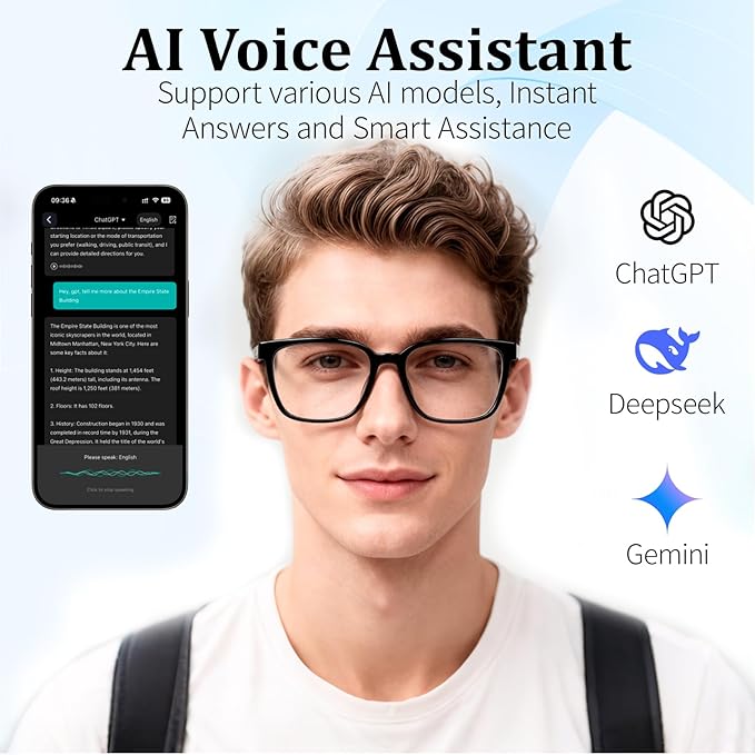 AI Smart Glasses with Real-Time Translation & Voice Assistant – Bluetooth Sunglasses with Noise-Cancelling Calls, Music, Touch Control, Photochromic Lenses, UV & Blue Light Protection-Black