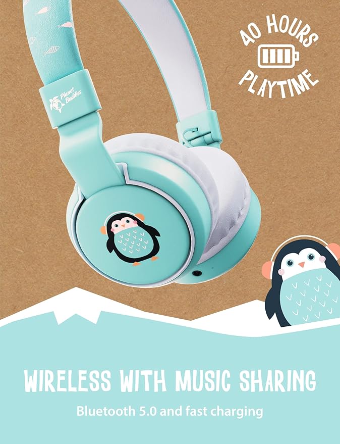 Planet Buddies Penguin Kids Headphones Wireless, On Ear Bluetooth Headphones for Kids with Microphone, 85dB Volume Limiter, Cute Foldable Earphones for Tablets and Phones, Travel, School & Music