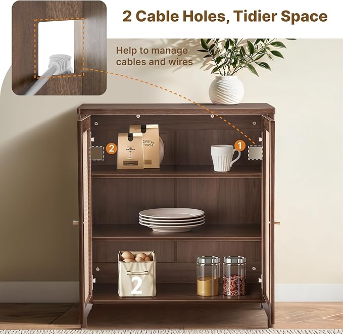 2 PCS Rattan Sideboard Buffet Cabinet 2 Door Boho Kitchen Storage Cabinet Accent Console for Living Room, Hallway, Kitchen, Sideboard, Buffet Table Walnut