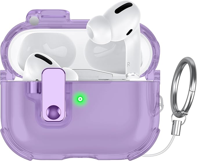 Case for AirPods Pro Case Cover with [Lock Safety & Pop Up][Military Shockproof] Anti-Yellow Transparent Soft TPU Wireless Charging for AirPods Pro Generation Case with Keychain,Clear Purple