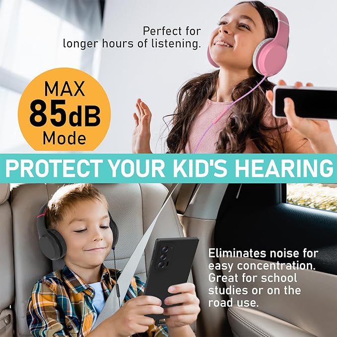 FosPower Kids Headphones with 3.5mm Laced Cables, Children & Teens Over The Ear Foldable Adjustable Headset w/Built-in Mic for Smartphones/PC/Tablet/Laptop/School (Max Volume 85dB) - Black/Red