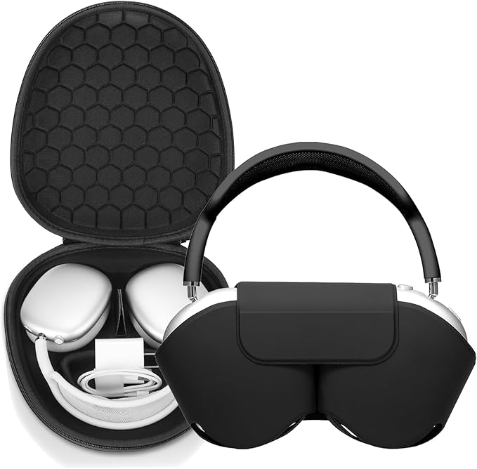 Maxjoy for AirPods Max Case [Shockproof & Dustproof] - Premium PU Leather & EVA Hybrid Hard Protective Cover, Travel Carrying Case with Storage for Apple AirPods Max Headphones (Black Elliptical)