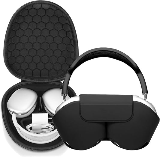 Maxjoy for AirPods Max Case [Shockproof & Dustproof] - Premium PU Leather & EVA Hybrid Hard Protective Cover, Travel Carrying Case with Storage for Apple AirPods Max Headphones (Black Elliptical)