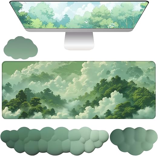 Green Cloud Mouse Pad and Keyboard Wrist Rest 4PCS Extended Forest Mountain Aesthetic Large Desk Mat Pad Set Memory Foam Non-Slip Cute Ergonomic Gaming Mouse Pad Wrist Support for Computer Home Office