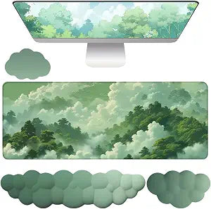 Green Cloud Mouse Pad and Keyboard Wrist Rest 4PCS Extended Forest Mountain Aesthetic Large Desk Mat Pad Set Memory Foam Non-Slip Cute Ergonomic Gaming Mouse Pad Wrist Support for Computer Home Office