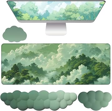 Green Cloud Mouse Pad and Keyboard Wrist Rest 4PCS Extended Forest Mountain Aesthetic Large Desk Mat Pad Set Memory Foam Non-Slip Cute Ergonomic Gaming Mouse Pad Wrist Support for Computer Home Office