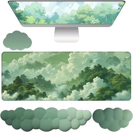 Green Cloud Mouse Pad and Keyboard Wrist Rest 4PCS Extended Forest Mountain Aesthetic Large Desk Mat Pad Set Memory Foam Non-Slip Cute Ergonomic Gaming Mouse Pad Wrist Support for Computer Home Office