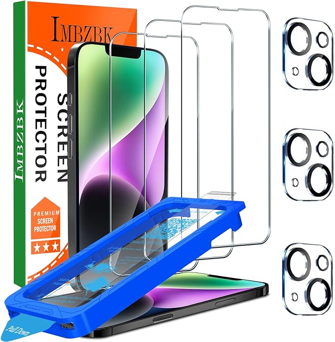 IMBZBK [Auto-Dust Removal] 3 Pack Screen Protector for iPhone 14 [6.1 INCH] Accessories, Case Friendly Film, Military Grade Shatterproof Tempered Glass 3 Camera Lens Protector, Easy Installation