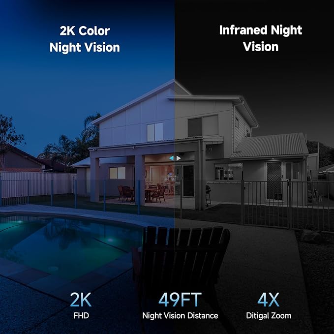 2K Solar Security Cameras Wireless Outdoor, 2PCS Outdoor Camera Wireless with 360° View, Cameras for Home Security with Color Night Vision, Only Support 2.4GHz Wi-Fi