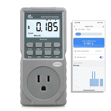 Poniie PN2500 Professional NEMA 5-15 Wi-Fi Wireless Level 1 EV Charger Pass-Through Power Usage Monitor (60-240V, 25Amp)