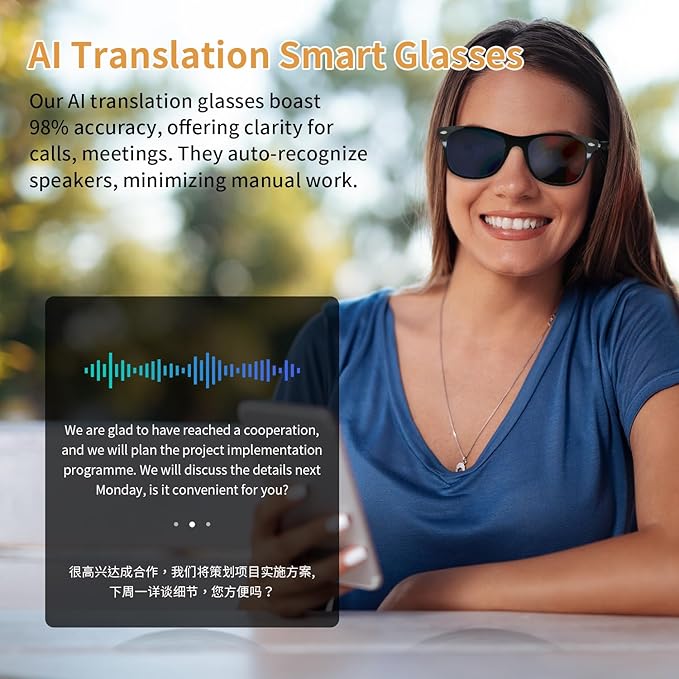 AI Smart Glasses for Men & Women with Chat GPT, Bluetooth Translation Glasses with 169 Languages, Open-Ear Design, Hands-Free Calls, UV Protection Smart Sunglasses for Traveling Working Business