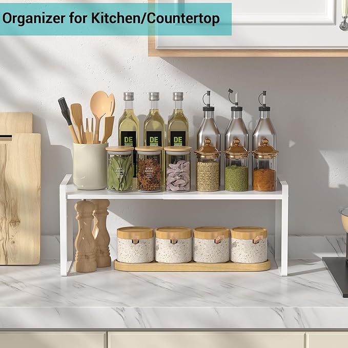 Expandable Kitchen Cabinet Organizer Shelves, Heavy Duty Metal Pantry Organizers, Adjustable Cabinet Shelf for Cupboard, Pantry & Under Sink Space Saver, White, Patent Pending