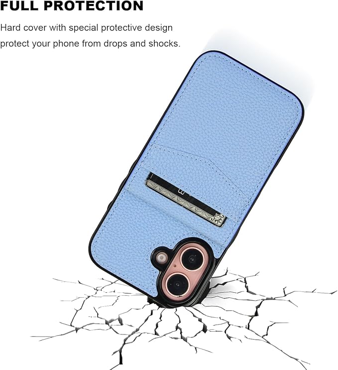 KIHUWEY Compatible with iPhone 16 Case Wallet with Credit Card Holder, Flip Premium Leather Magnetic Clasp Kickstand Heavy Duty Protective Cover for iPhone 16 6.1 Inch (Lichee Light Blue)