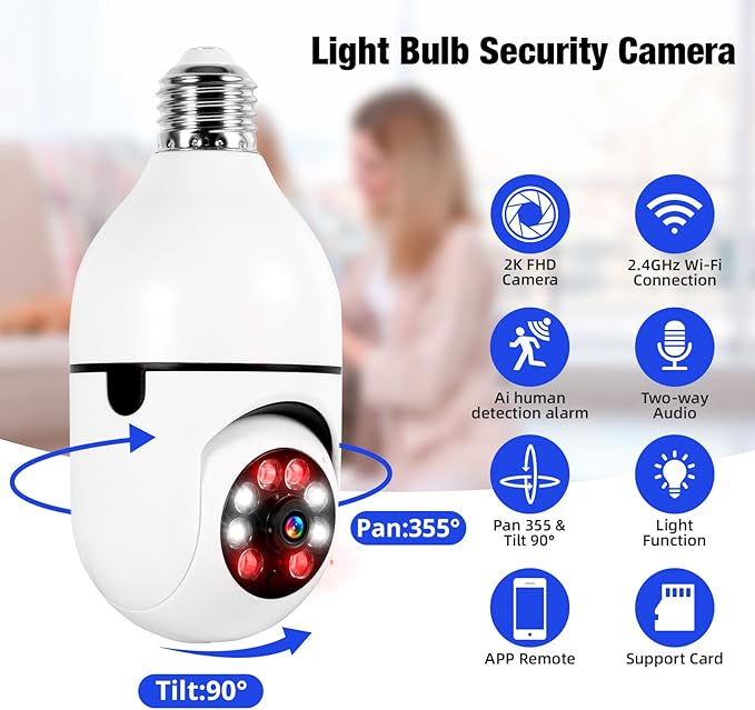 TOWODE 2K Light Bulb Security Camera Outdoor 2 Packs, 2.4GHz Wi-Fi Wireless Home Security Camera with 2 Way Talk, Color Night Vision, AI Human Detection, E27 Screw in Light Socket
