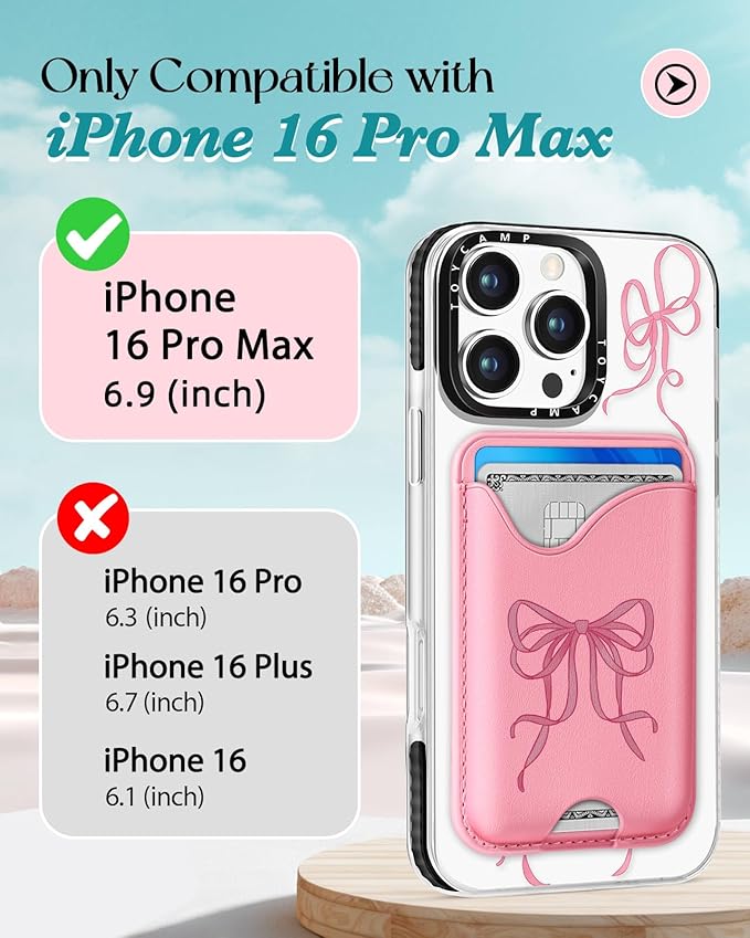 Toycamp for iPhone 16 Pro Max Case - Compatible with Magsafe Credit Card Holder Wallet Magnetic Cute Women Teen Girls Kawaii Girly Unique Bow Design Phone Cover for Apple 16 Promax 6.7"