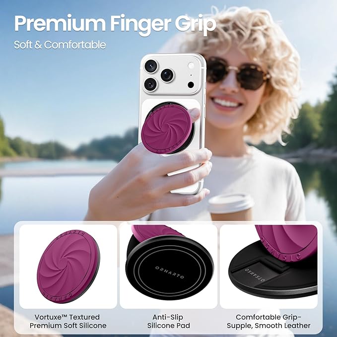 ORNARTO Vortuxe for MagSafe Phone Grip with Kickstand, Soft Liquid Silicone Finger Loop Grip, Phone Ring Holder for Back of Phone, Premium Build & Comfy Touch, Fuchsia