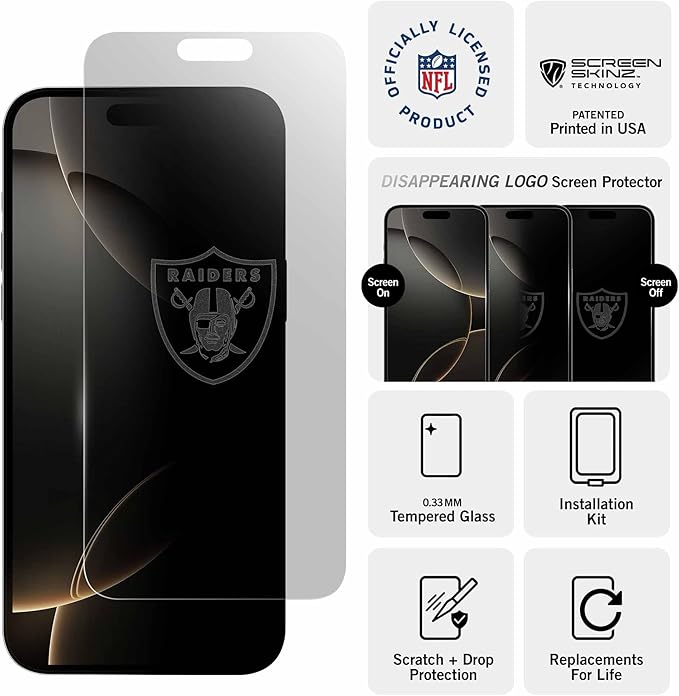 NFL Las Vegas Raiders Clear Screen Protector for iPhone 14 Pro - with Disappearing Logo - Scratch-Resistant and Easy-to-Install Screen Protectors (Includes Installation Tray)