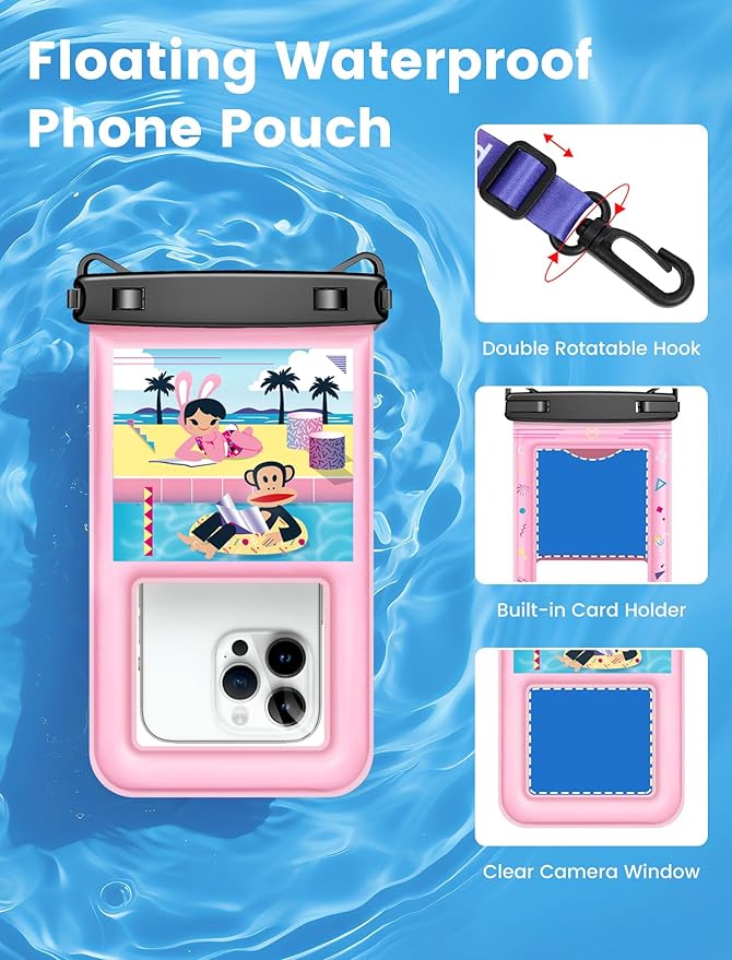 Paul Frank Waterproof Phone Pouch Floating, 2 Pack IPX8 Waterproof Phone Case with Lanyard for iPhone 17 16 15 14 Pro Max Galaxy S25 S24, Cellphone Dry Bag Beach Cruise Ship Essentials(up to 8.5")