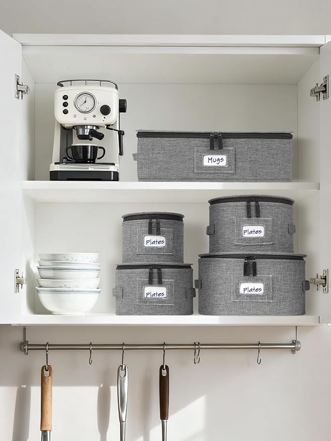 punemi Rigid China Storage Containers 5-Piece Set with Dividers, Quilted Stackable Plate & Dish Storage Protectors, Adjustable Mug and Cup Storage Organizer for Moving and Dinnerware storage, Grey