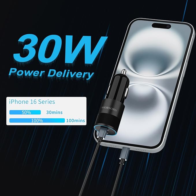 60W Fast USB C Car Charger, Dual 30W PD 3.0 Charging Port Cigarette Lighter Adapter for iPhone 17 Pro Max 16 15, iPad, Google Pixel 10 9, Samsung Galaxy S26 S25, Android Phone with 3.3ft Type C Cable